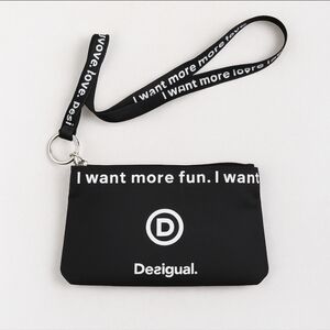 Desigual Black Wristlet Pouch with Logo Strap – "I Want More Fun" Zipper Clutch
